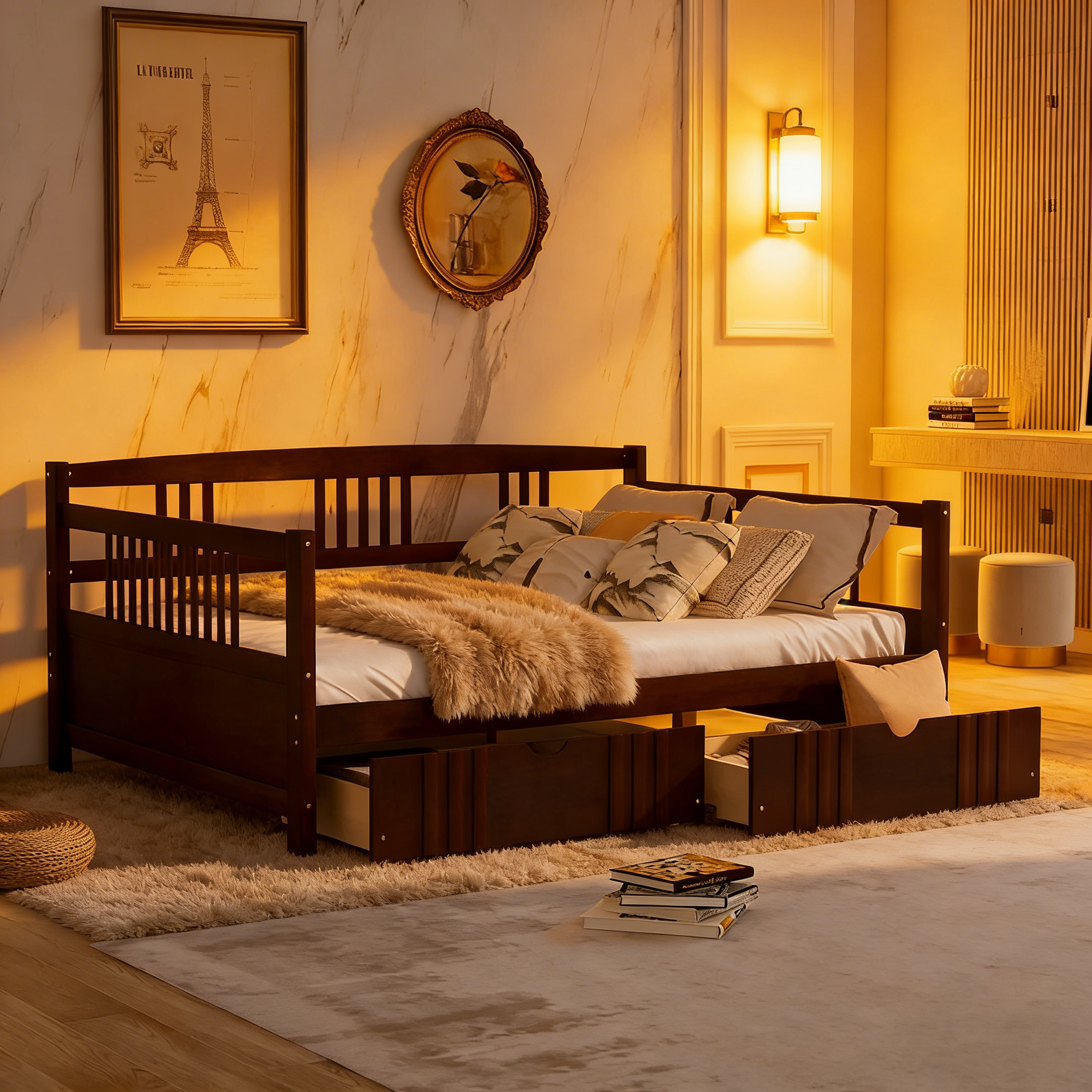 Full Size Wood Daybed, Sofa Bed, Equipped with Wooden Handrails and Two Drawers