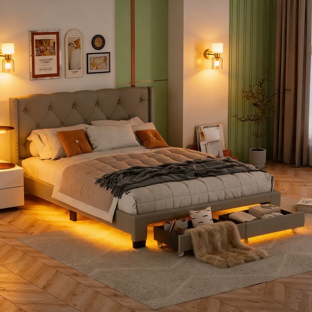 Linen Upholstered Platform Bed