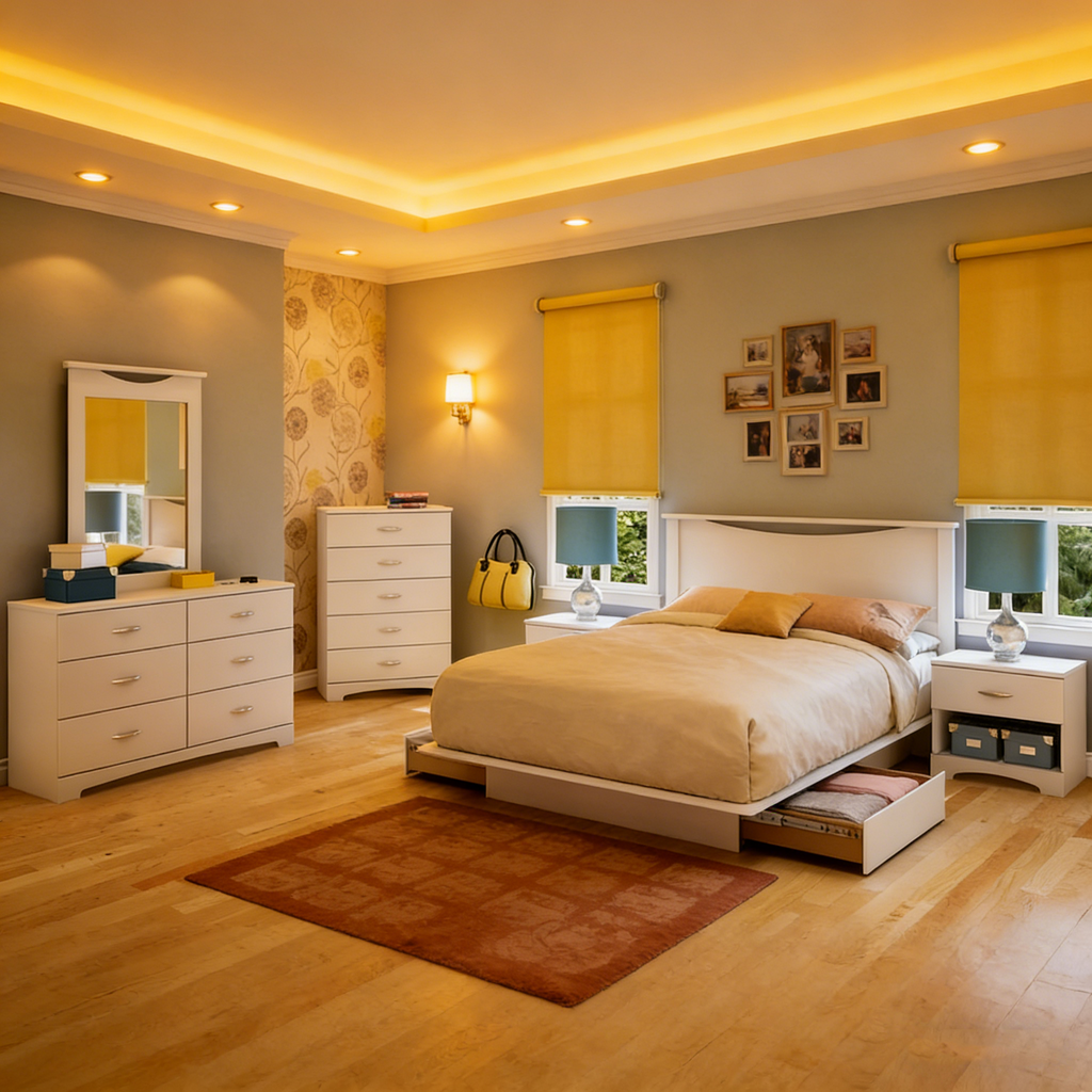 Full size White Modern Platform Bed Frame with 2 Storage Drawers