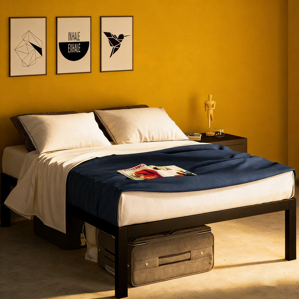 18-Inch High Black Metal Platform Bed Frame