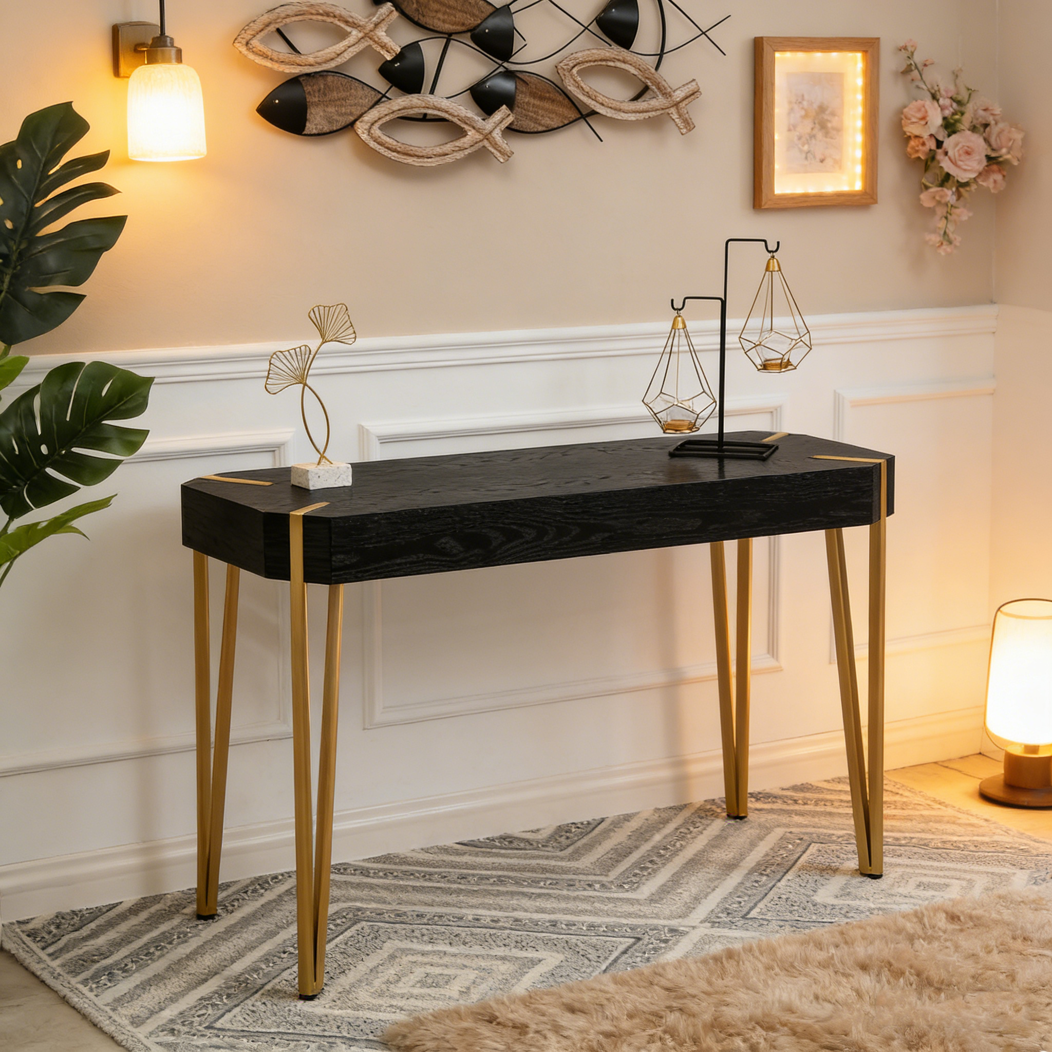 Black Wood and Gold Metal Console and Entry Table - 30.25 H x 42 W