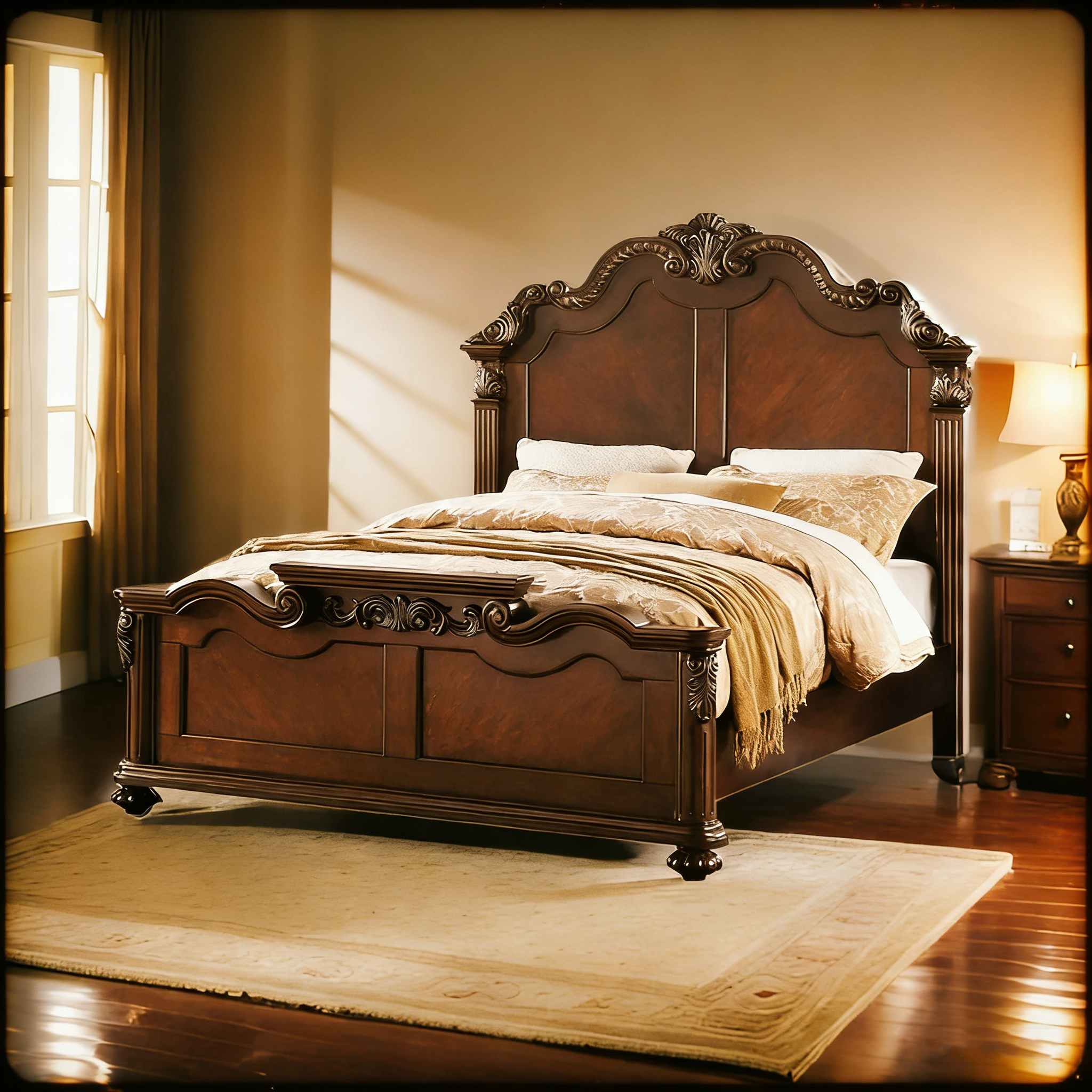 Splendidly Carved Queen Wooden Bed, Dark Walnut And Veneer Finish