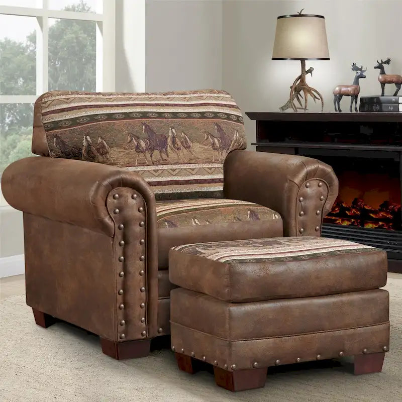 American Furniture Classics Model 8501-00-40 Wild Horses Arm Chair with Matching Ottoman