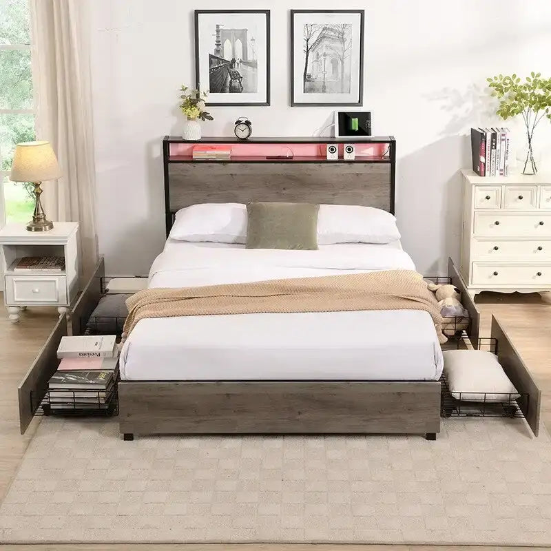 Full Bed Frame Storage Headboard With Charging Station
