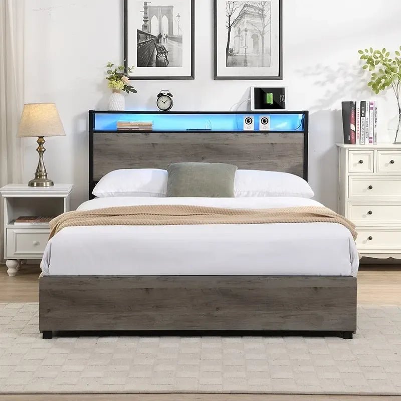 Full Bed Frame Storage Headboard With Charging Station
