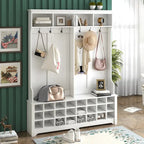 Hallway Coat Rack with Bench 60 Wide Hall Tree with Ample Storage Space and 24 Shoe Cubbies , White ( OLD SKU: WF286983AAK )