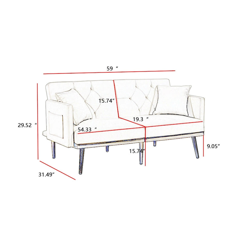 Cream White Velvet Sofa Bed - 31.49 x 59.00 x 29.52