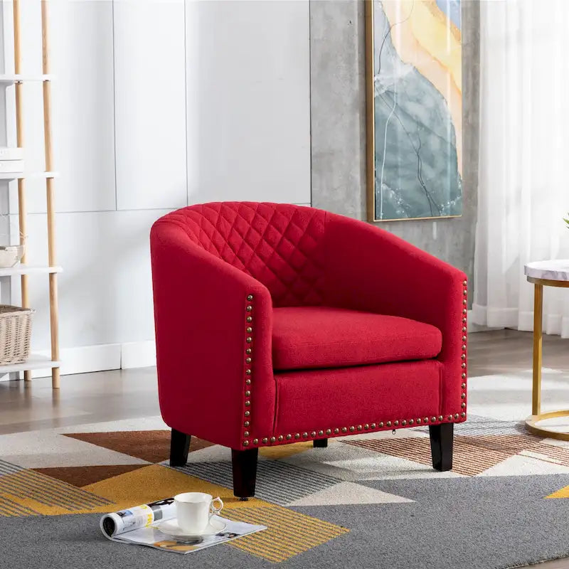 Accent Barrel chair living room chair with nailheads and solid wood legs