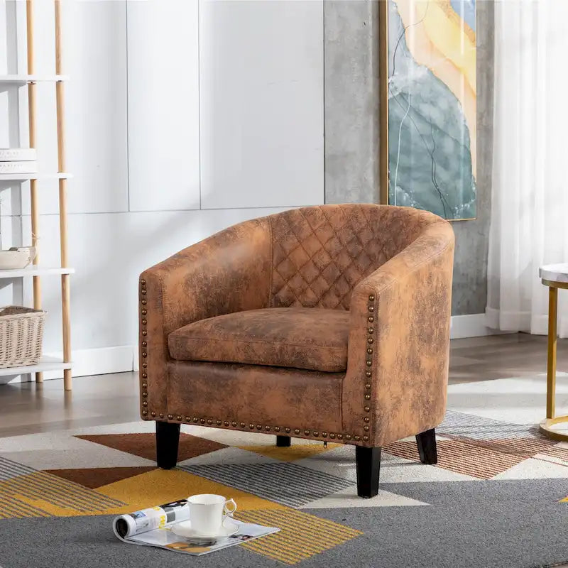 Accent Barrel chair living room chair with nailheads and solid wood legs
