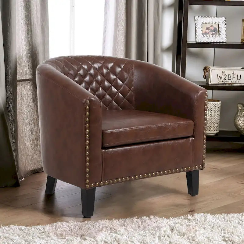 Accent Barrel chair living room chair with nailheads and solid wood legs