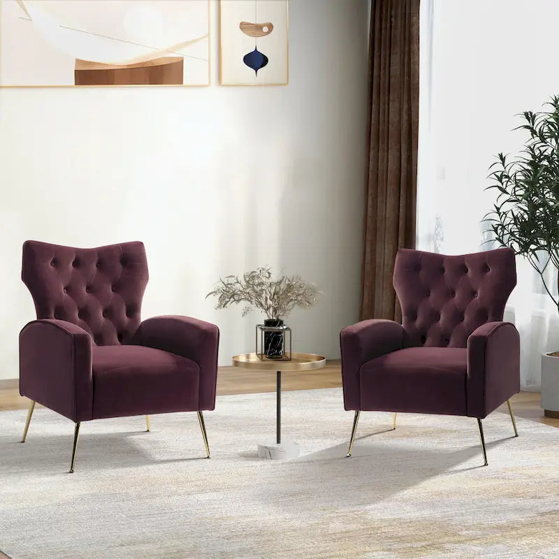 Danita Contemporary Velvet Wingback Tufted Chair With Gold Flared Metal Legs Set Of 2 by HULALA HOME