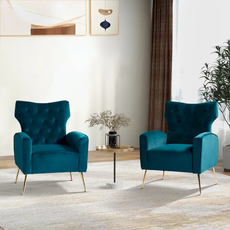 Danita Contemporary Velvet Wingback Tufted Chair With Gold Flared Metal Legs Set Of 2 by HULALA HOME