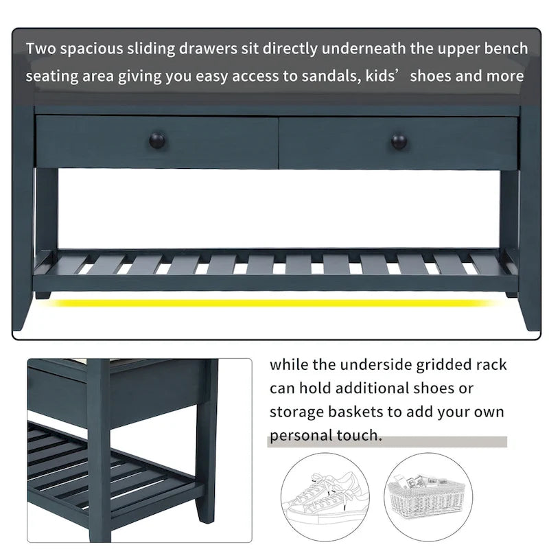 Shoe Rack with Cushioned Seat and Drawers, Multipurpose Entryway Storage Bench