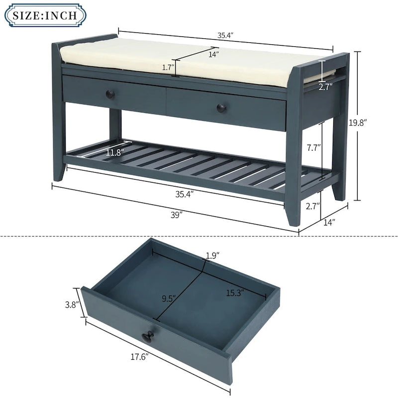 Shoe Rack with Cushioned Seat and Drawers, Multipurpose Entryway Storage Bench