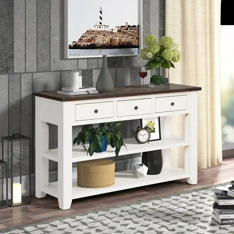 Wood Console Table with 3 Storage Drawers and 2 Shelves