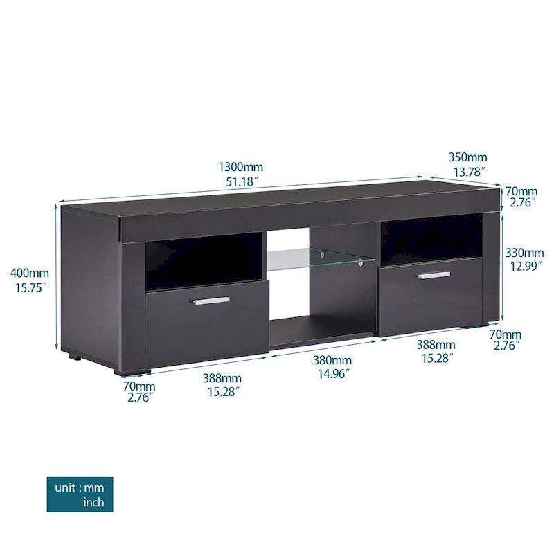 Modern 51-in Glass Shelf Storage TV Stand for TVs up to 69-in with LED Light