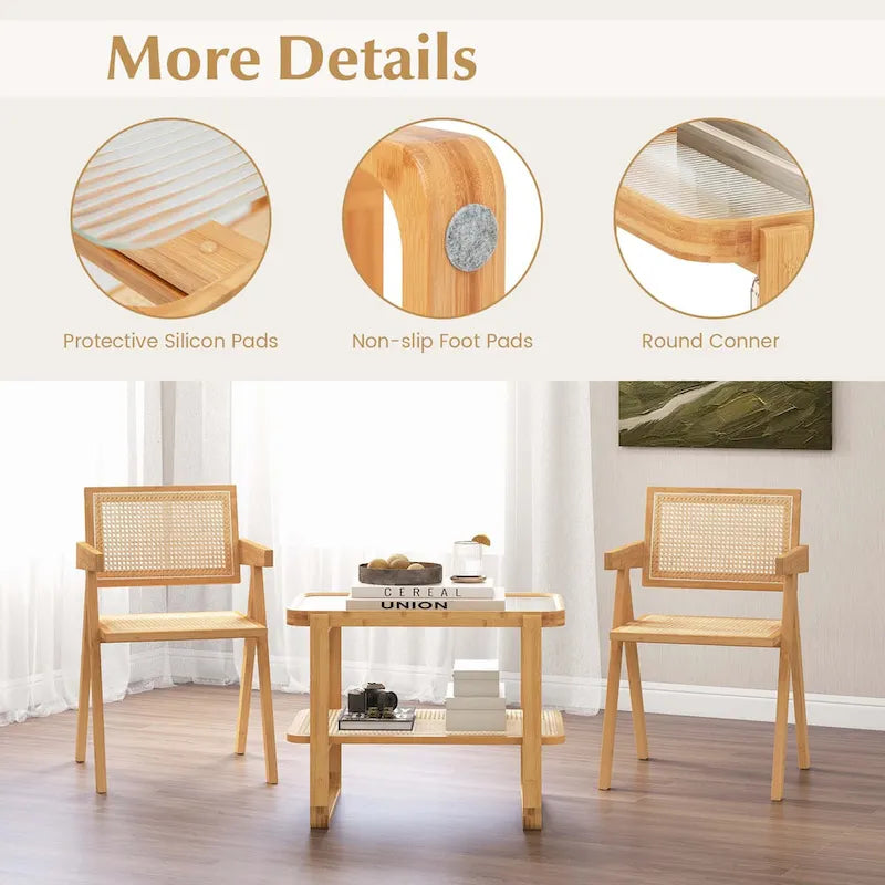 Bamboo Side Table with Rattan Shelf Glass Top Nightstand End Table