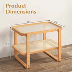 Bamboo Side Table with Rattan Shelf Glass Top Nightstand End Table