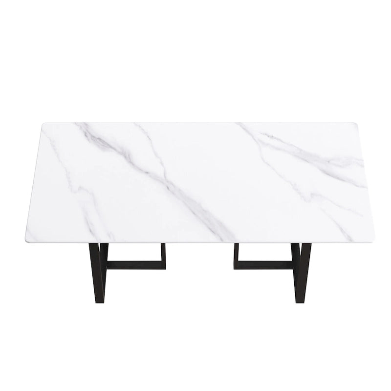 71 White Marble Dining Table for 6-8,Rectangular Tabletop and Triangular Carbon Steel Legs