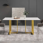 71 White Marble Dining Table for 6-8,Rectangular Tabletop and Triangular Carbon Steel Legs
