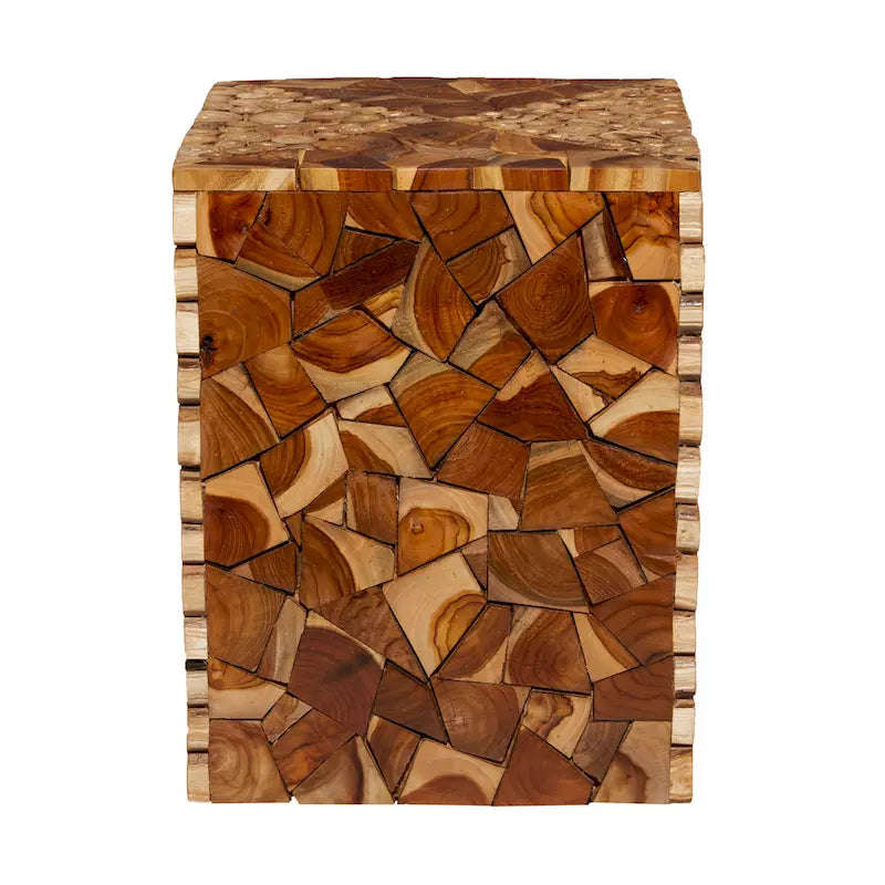 Handcrafted Teak Square Accent Side Table — Inlaid Wood Mosaic Design — Brown