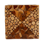 Handcrafted Teak Square Accent Side Table — Inlaid Wood Mosaic Design — Brown
