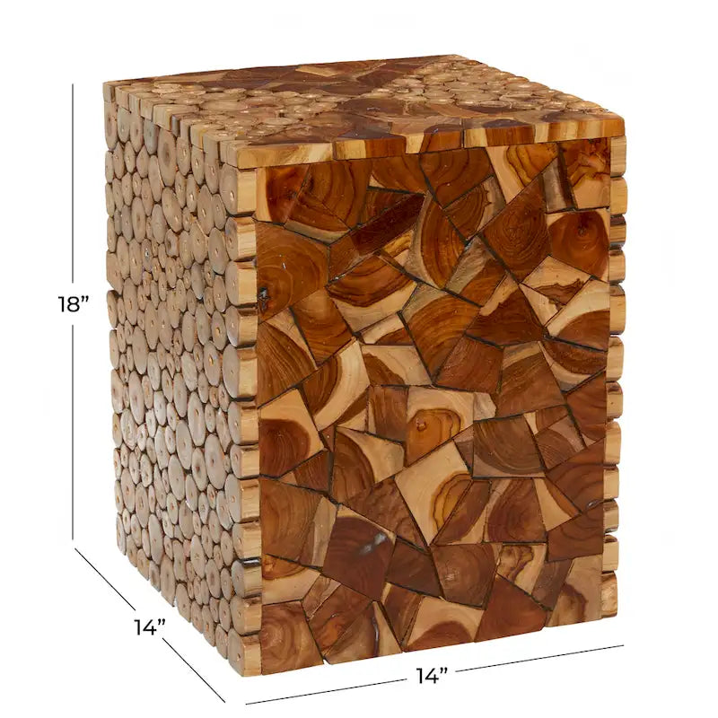 Handcrafted Teak Square Accent Side Table — Inlaid Wood Mosaic Design — Brown