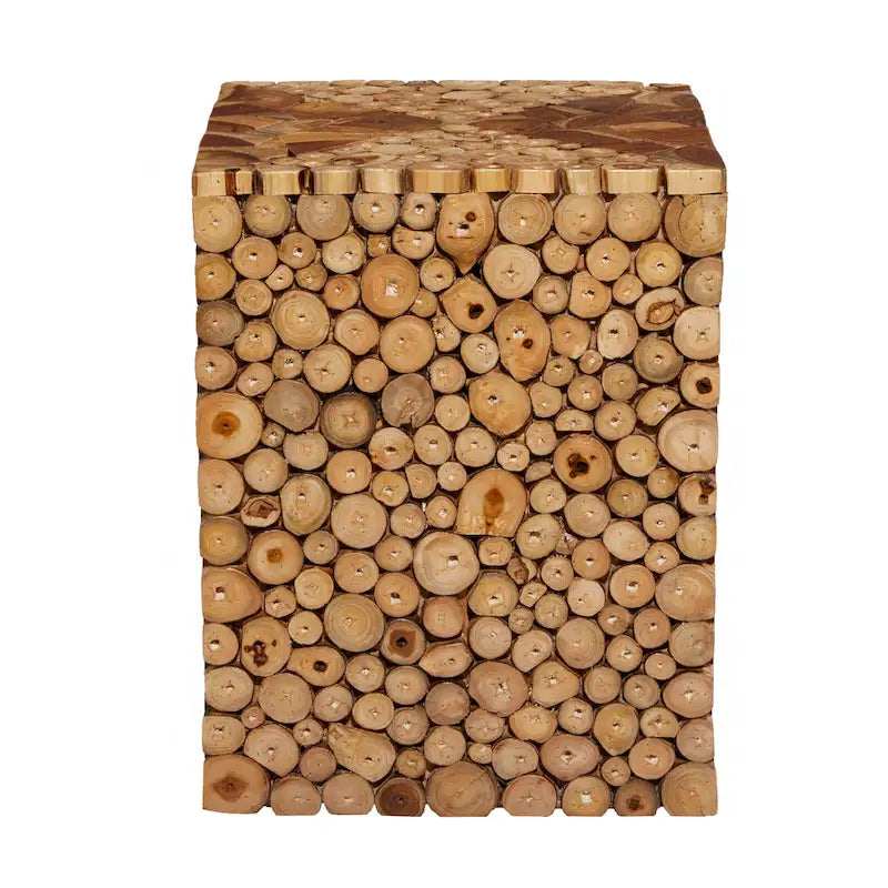 Handcrafted Teak Square Accent Side Table — Inlaid Wood Mosaic Design — Brown