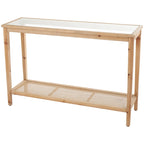 Wood Slim Natural 1 Shelf Console Table with Glass Top and Rattan Shelf - Brown - Roche River Decor - 14Wx47Lx32H