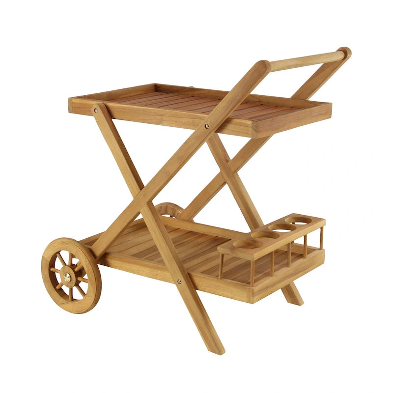 Teak Wood Indoor Outdoor Rolling 2 Shelves Bar Cart with Wheels and Handle - Brown - Roche River Decor - 21W x 32L x 32H