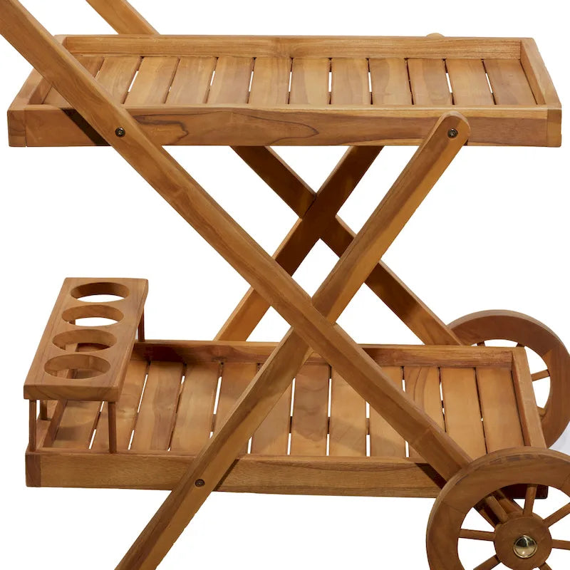 Teak Wood Indoor Outdoor Rolling 2 Shelves Bar Cart with Wheels and Handle - Brown - Roche River Decor - 21W x 32L x 32H