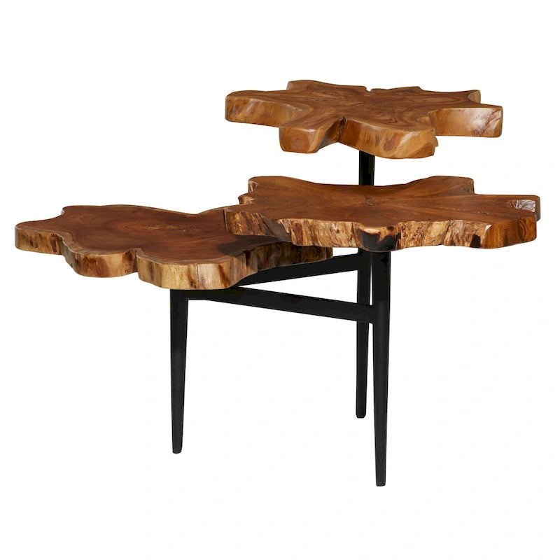 Teak Wood Handmade Live Edge 3 Tier Accent Table with Black Base - Brown - Roche River Decor - 36W x 34L x 24H