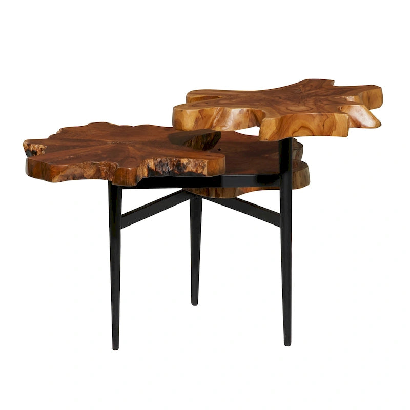 Teak Wood Handmade Live Edge 3 Tier Accent Table with Black Base - Brown - Roche River Decor - 36W x 34L x 24H