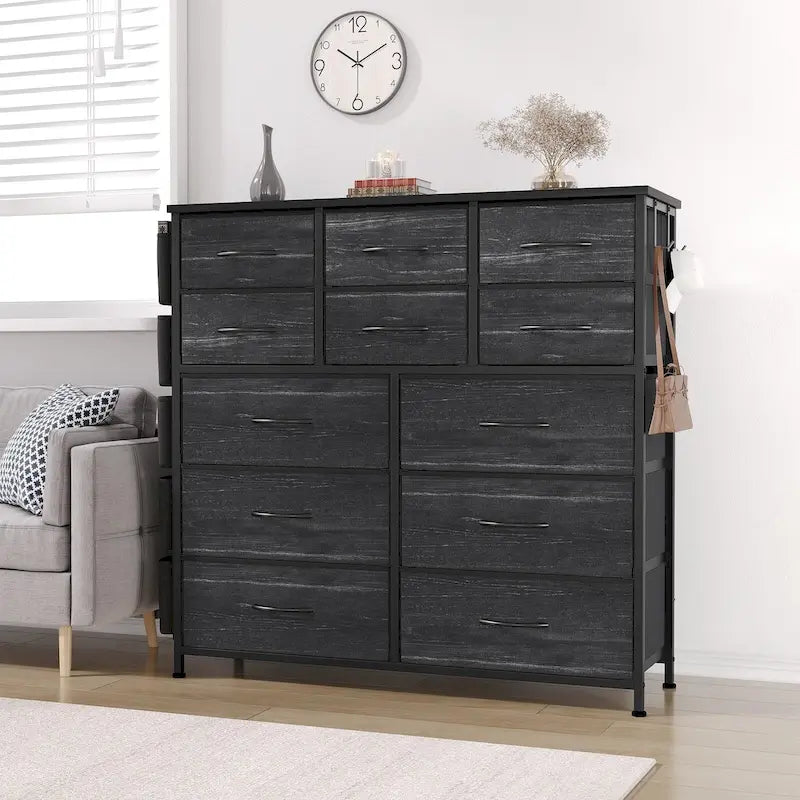 12 Drawer Dresser for Bedroom,Tall Fabric Dresser with Side Pockets and Hooks