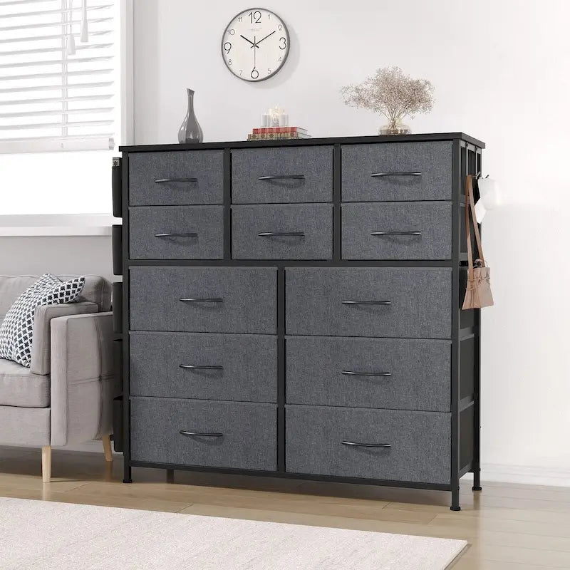 12 Drawer Dresser for Bedroom,Tall Fabric Dresser with Side Pockets and Hooks
