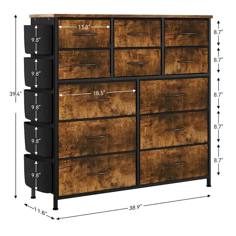 12 Drawer Dresser for Bedroom,Tall Fabric Dresser with Side Pockets and Hooks