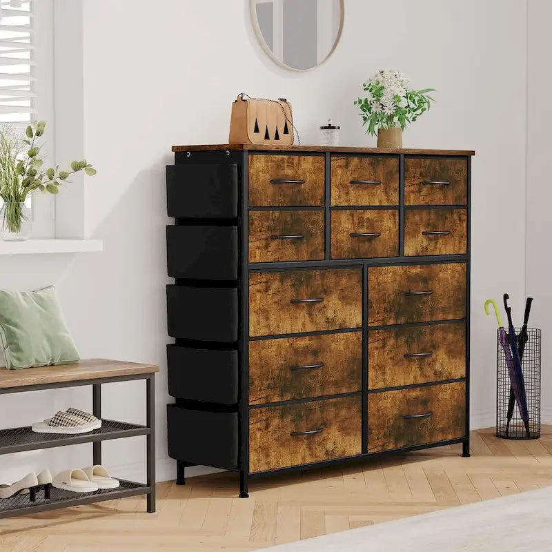 12 Drawer Dresser for Bedroom,Tall Fabric Dresser with Side Pockets and Hooks