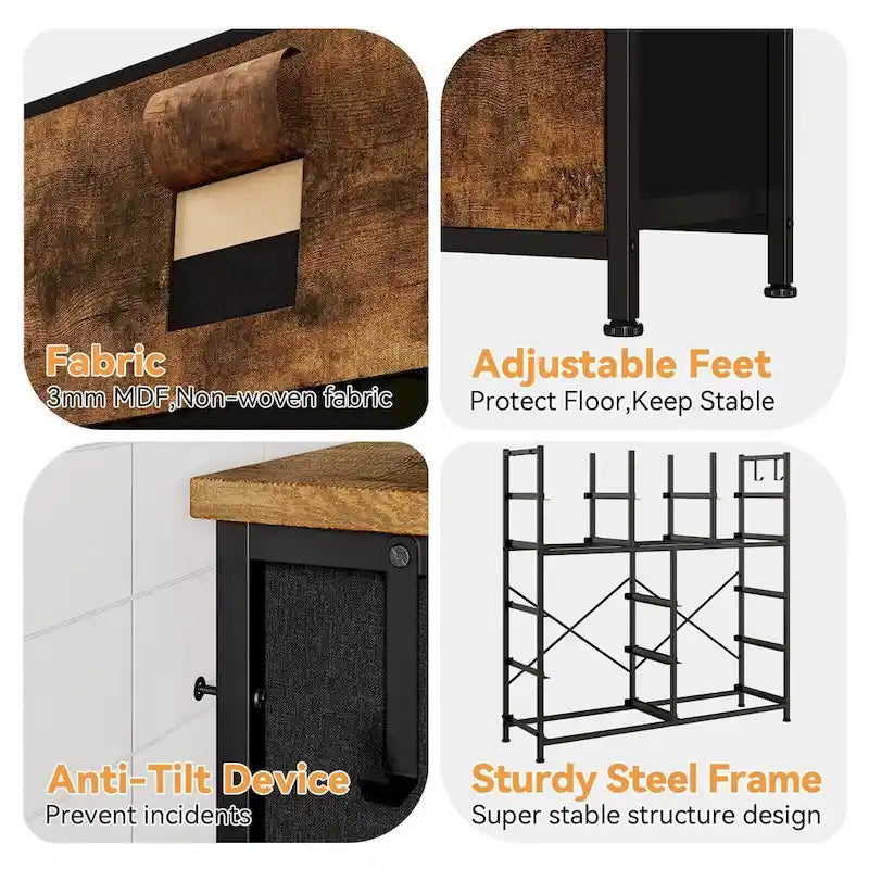 12 Drawer Dresser for Bedroom,Tall Fabric Dresser with Side Pockets and Hooks