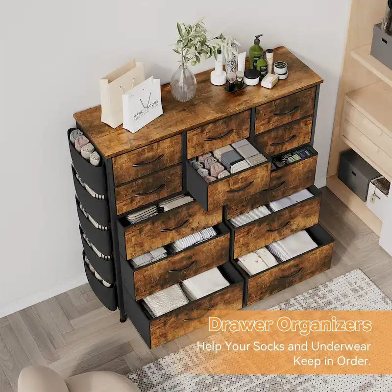12 Drawer Dresser for Bedroom,Tall Fabric Dresser with Side Pockets and Hooks