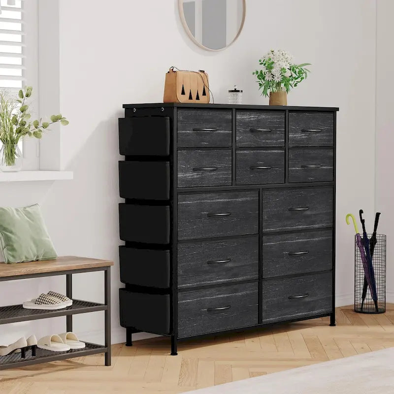 12 Drawer Dresser for Bedroom,Tall Fabric Dresser with Side Pockets and Hooks