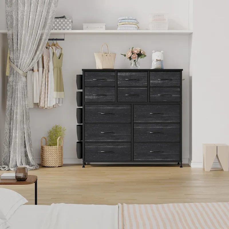 12 Drawer Dresser for Bedroom,Tall Fabric Dresser with Side Pockets and Hooks