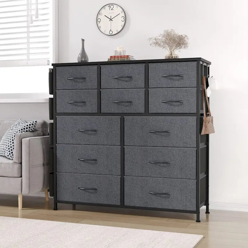 12 Drawer Dresser for Bedroom,Tall Fabric Dresser with Side Pockets and Hooks