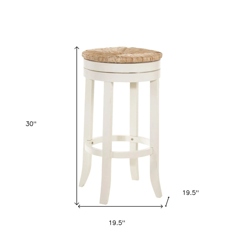 HomeRoots 30 Natural And Antiqued White Solid Wood Swivel Backless Bar Height Bar Chair With Footrest - 19.5