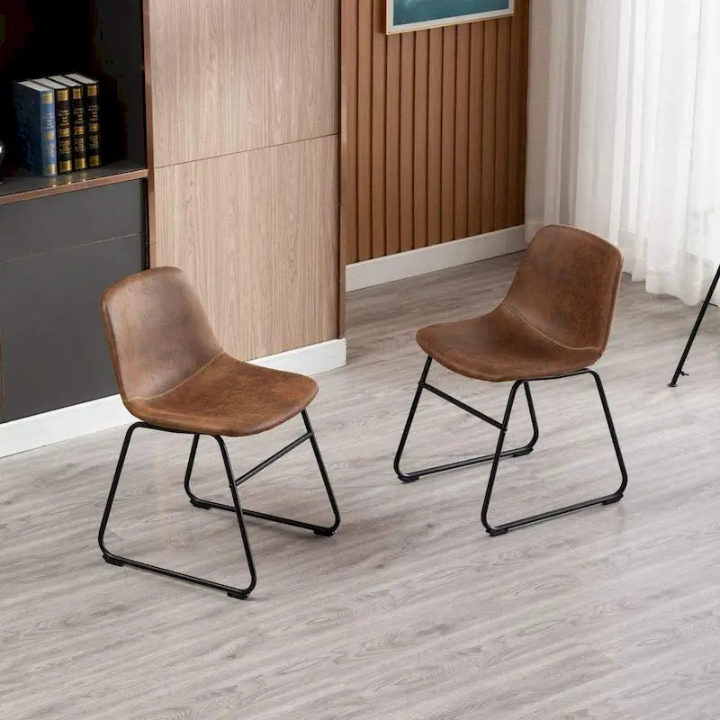 Home Beyond Set of 2 Pcs Synthetic Leather Upholstered Dining Chairs Armlesss with Metal Frame UC-13BRN