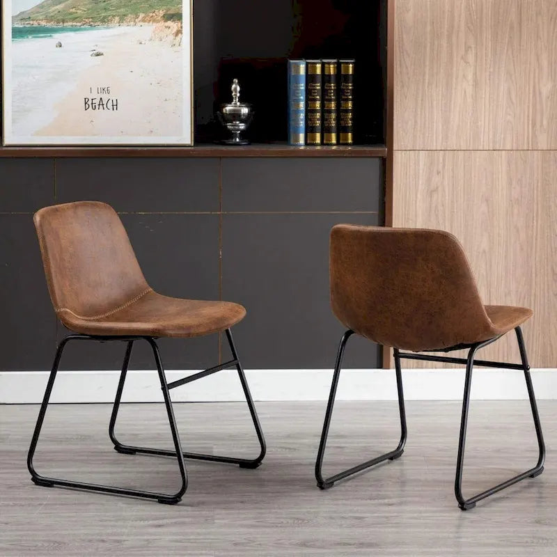 Home Beyond Set of 2 Pcs Synthetic Leather Upholstered Dining Chairs Armlesss with Metal Frame UC-13BRN