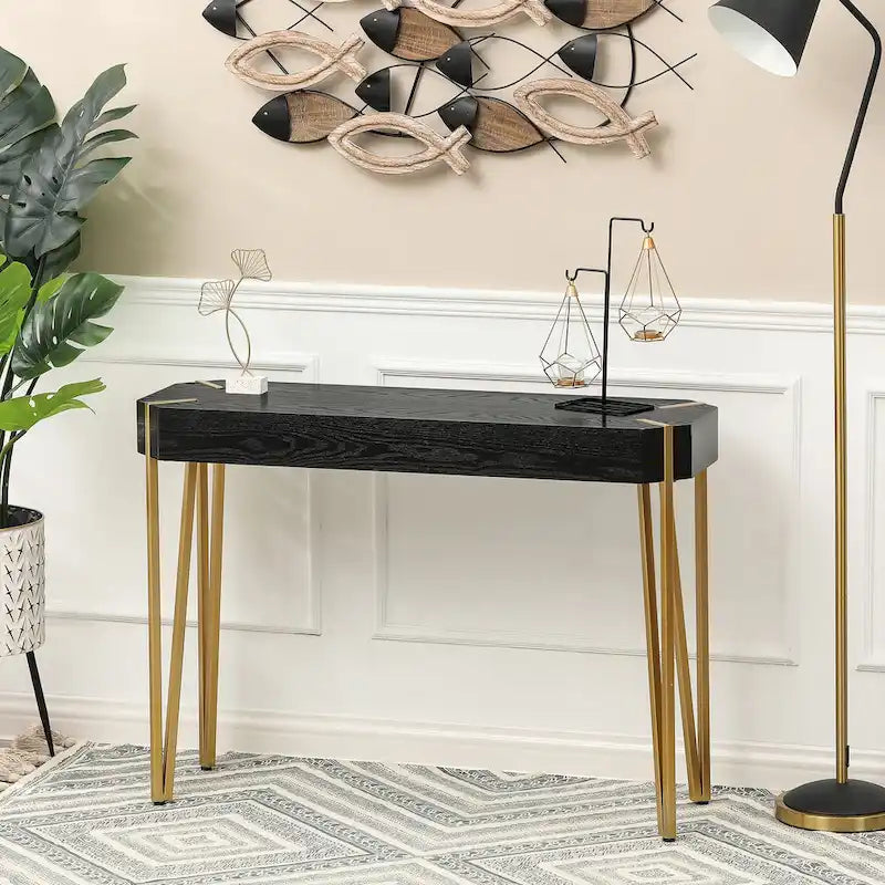 Black Wood and Gold Metal Console and Entry Table - 30.25 H x 42 W