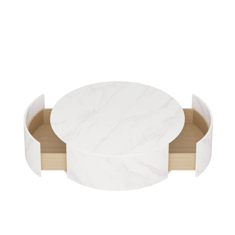 Faux Marble Top Round Modern Coffee Table with 2 Drawers