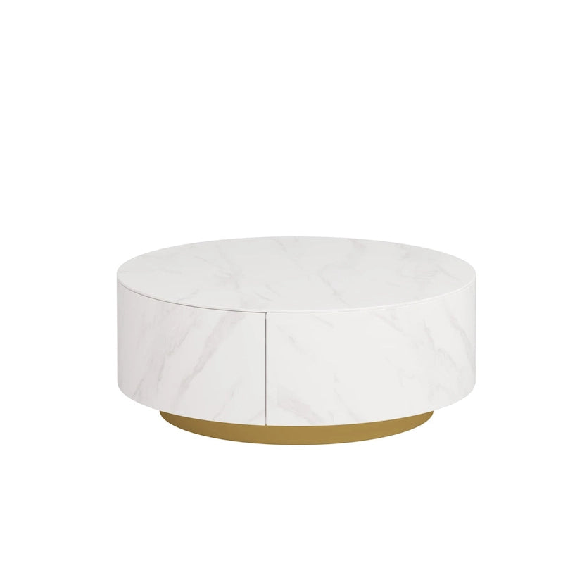 Faux Marble Top Round Modern Coffee Table with 2 Drawers
