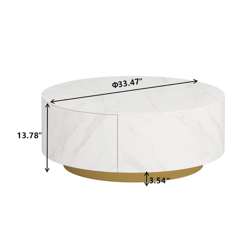 Faux Marble Top Round Modern Coffee Table with 2 Drawers