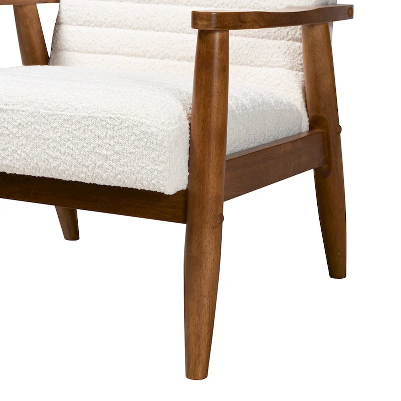 Stratton Mid-Century Modern Cream Boucle Fabric and Walnut Brown Finished Wood Armchair